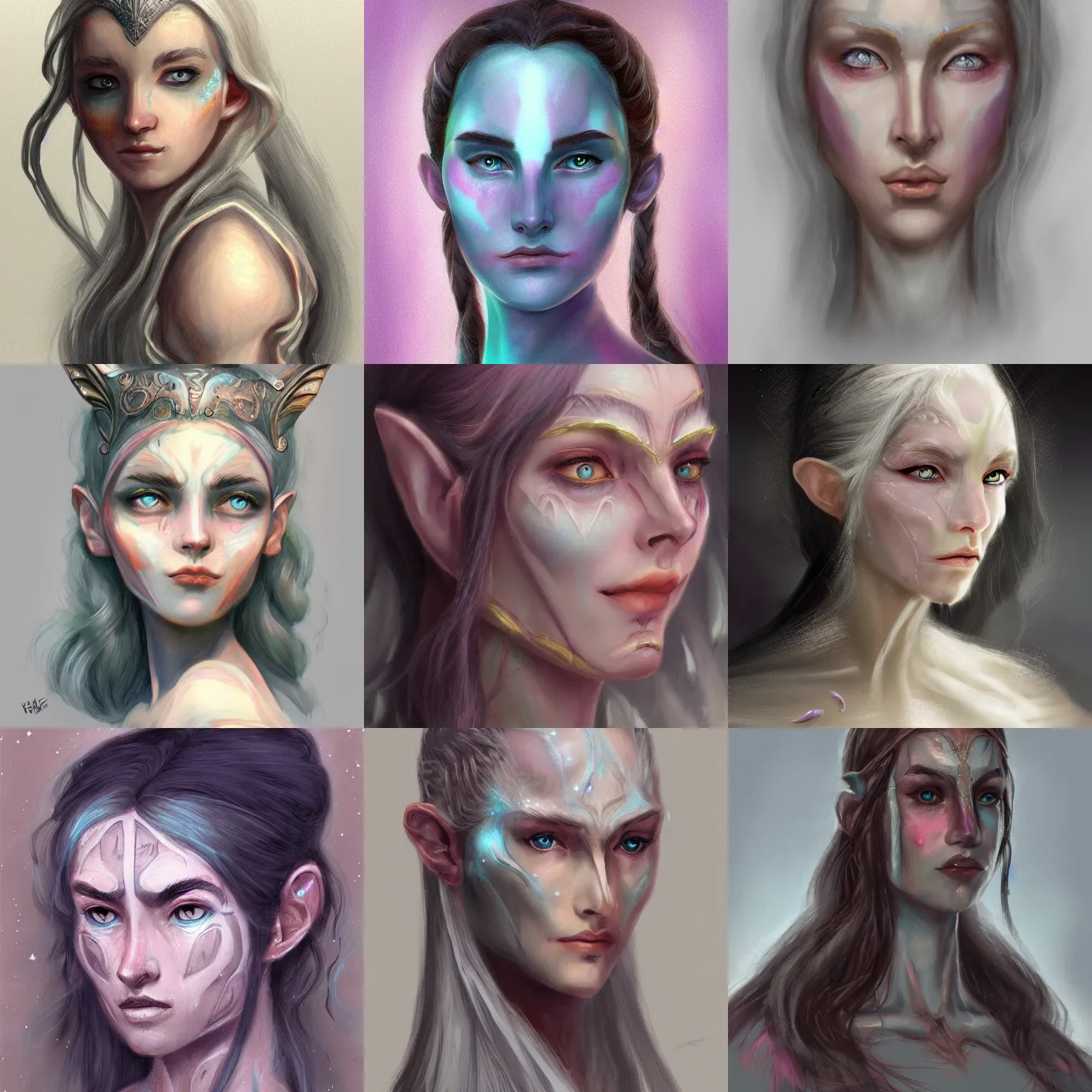 Prompt: An elfen goddess with facial scar, tolkien, digital painting, trending on artstation, concept art, pastel hues