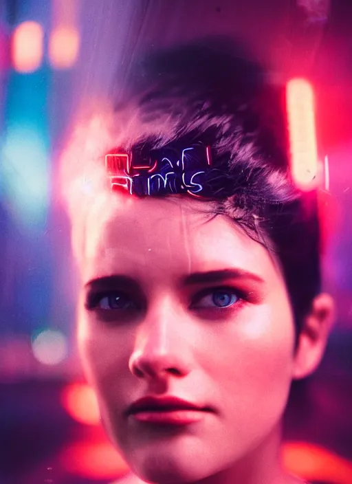 Image similar to A hyper realistic and detailed head portrait photography of a Rachael of Blade Runner on a futuristic street. by David Dubnitskiy. Neo noir style. Cinematic. neon lights glow in the background. Cinestill 800T film. Lens flare. Helios 44m