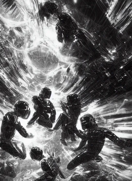 Image similar to astronauts in dark and empty void underwater - complex and dynamic composition. reflection and dispersion materials. rays and dispersion of light. volumetric light. 5 0 mm, f / 3 2. noise film photo. flash photography. ultra realistic, motion blur poster by wayne barlowe, hajime sorayama aaron horkey, craig mullins. dark key.