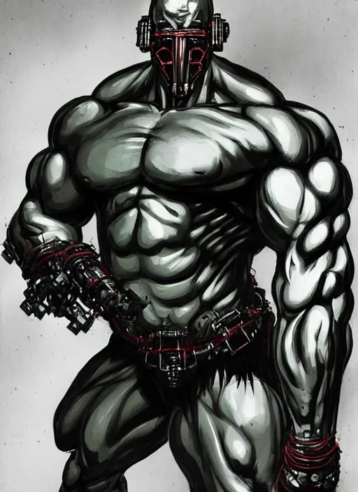 Image similar to Full body portrait of an extremely muscular, very buff, huge mutant man with a creepy cybernetic mask. He Is wearing only a loincloth. In style of Yoji Shinkawa and Hyung-tae Kim, trending on ArtStation, dark fantasy, great composition, concept art, highly detailed. Colourful.