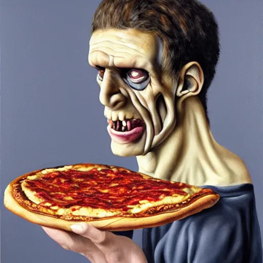 Prompt: hyper realistic painting of frankenstein eating a slice of pizza with his mouth wide open