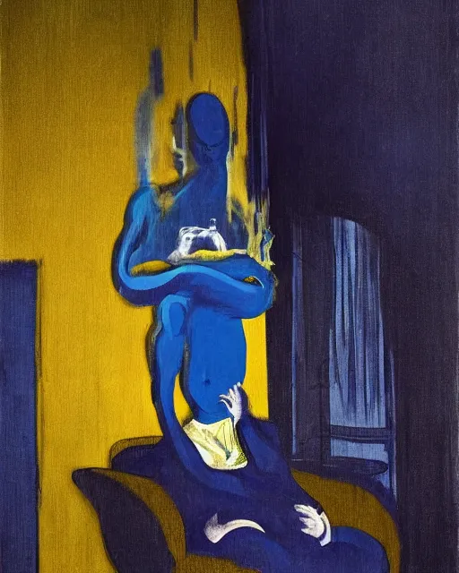 Prompt: blue people talking and a lonely dark figure seated on a throne with clouds at dark and yellow art deco interior room in the style of Francis Bacon, open ceiling, highly detailed, painted by Francis Bacon and Edward Hopper, painted by James Gilleard, surrealism, airbrush, art by James Jean