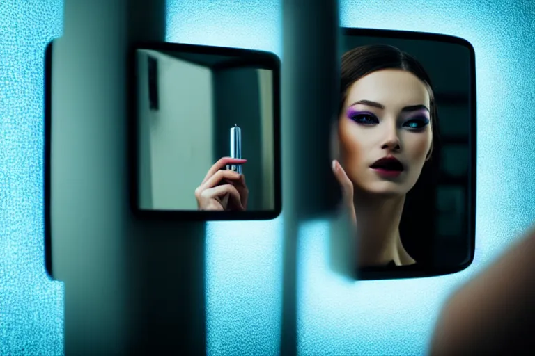 Prompt: beautiful female android, putting on makeup in front of a bathroom mirror