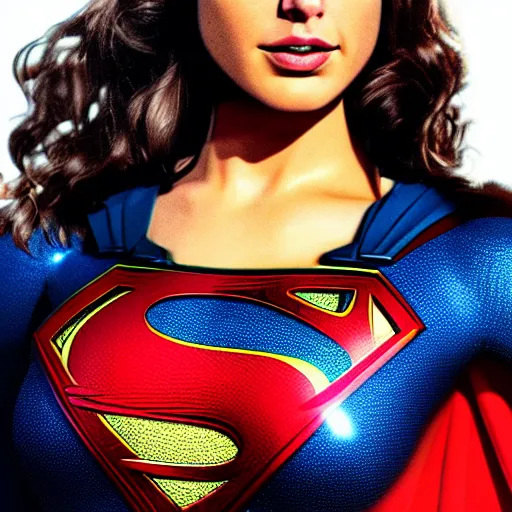 Image similar to an potrait of gal Gadot cast of movie man of steel and wearing a superman suit, photorealistic, 4k