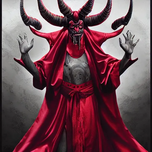 Image similar to demonic emperorin red robe with giant horns creepy smiling. photorealistic, trending on artstation, digital art, extremely detailed, comicpanel, monochromatic, futurism, dan mumofrd, rafael grasetti