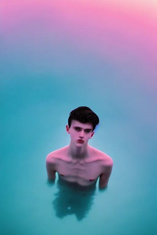 Prompt: high quality pastel coloured film mid angle docu photograph of a beautiful young 2 0 year old male, soft features, short black hair, maximalist clothing, in icelandic black rock pool environment. atmospheric. three point light. photographic. art directed. ( pastel colours ). volumetric light. clearcoat. waves glitch. 8 k. filmic.