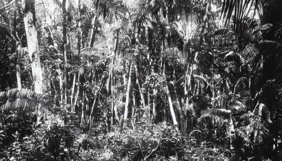 Prompt: lost film footage of a sacred object in the middle of the ( ( ( tropical jungle ) ) ) / film still / cinematic / enhanced / 1 9 2 0 s / black and white / grain