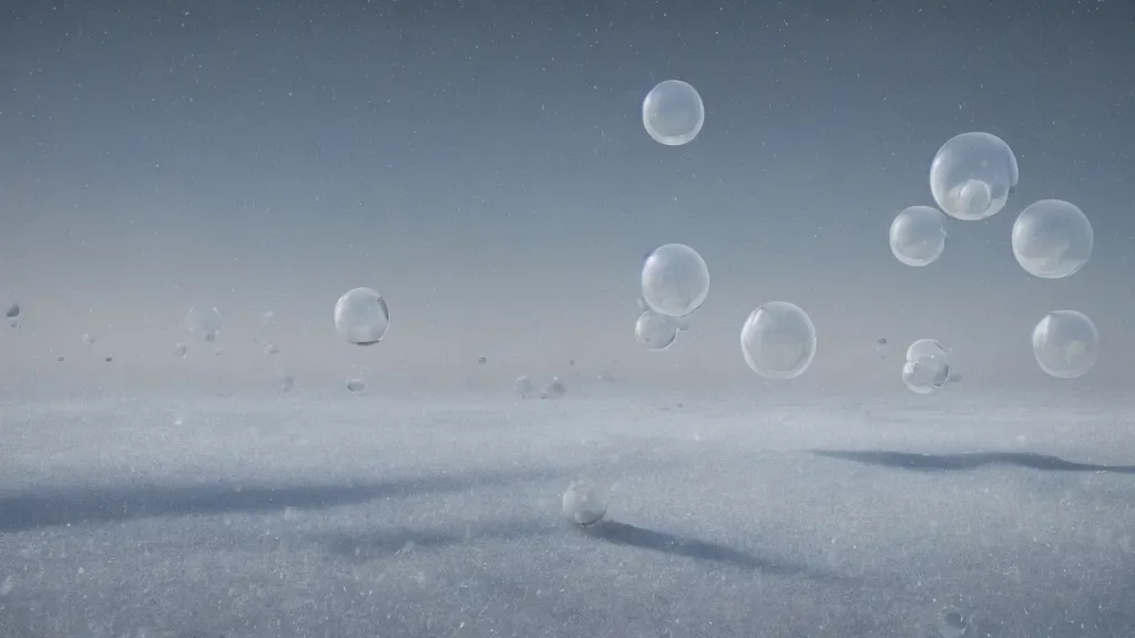 Image similar to a surreal dreamlike scene of transparent spheres floating over a barren snowy landscape, somber melancholic matte painting, highly detailed oil painting, liminal space, 8k, stillness, solitude, icy cold pale silent atmosphere, masterpiece