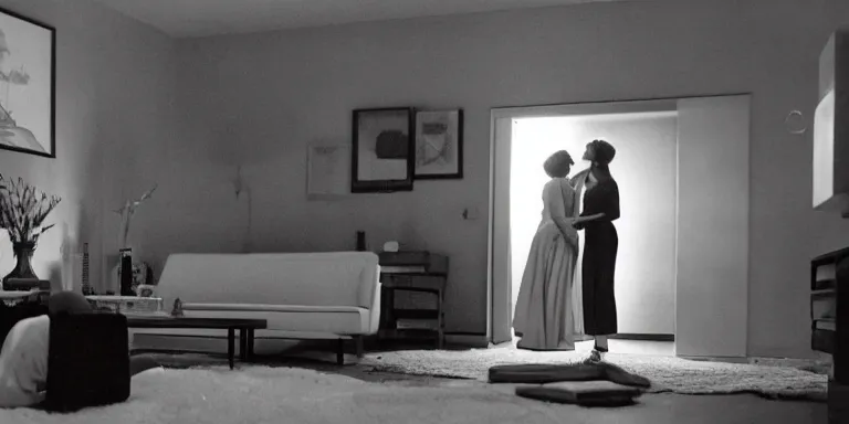 Image similar to photorealistic Cinematography of a two women kissing on the floor at night in a mid century modern apartment shot on film at magic hour with the sun shining into a room filled with volumetric haze by the shining Cinematographer john alcott on a cooke panchro 18mm lens .