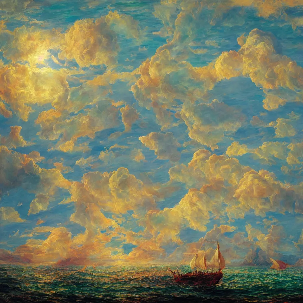 Prompt: 3d high relief painting of sea like jelly,Rainbow clouds like sheeps floating lightly in the air, Sailing ship,dreamy, soft , highly detailed, expressive impressionist style, in the style of Frederic Edwin Church