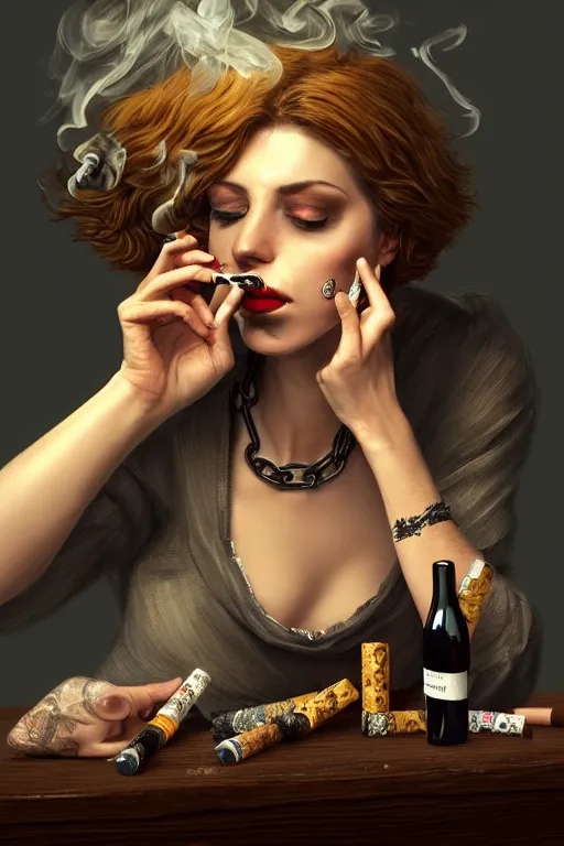 Image similar to beutifull and very tired womanlooking pile smoking a winebottle, drugs, cigarrette boxes at the table, fantasy, intricate, elegant, highly detailed, digital painting, artstation, concept art, addiction, chains, smooth, sharp focus, illustration, art by Ilja Repin