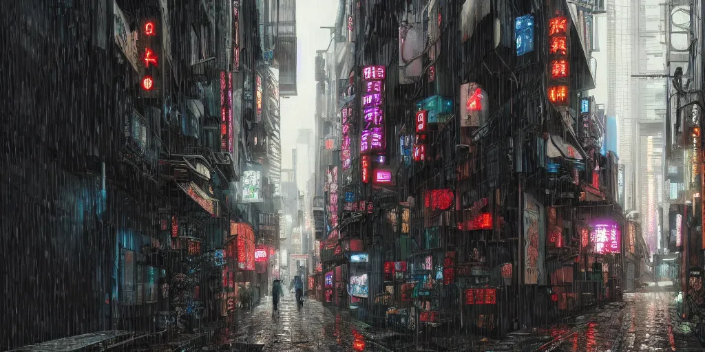 Image similar to Cyberpunk back alley on a rainy day in Japan, low angle view, detailed matte painting, cinematic, Moebius, Artstation