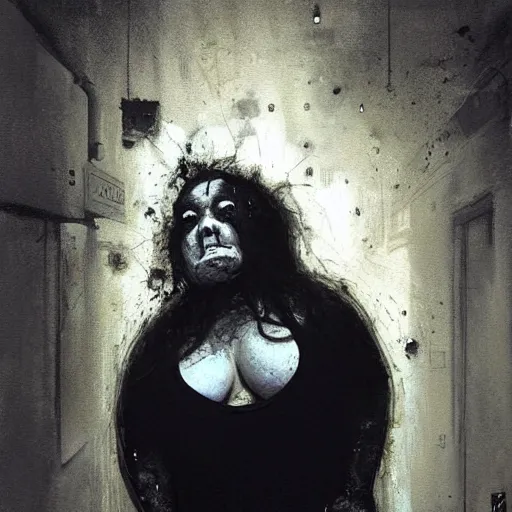 Image similar to portrait of the face of big fat old sumoringer as despair from sandman, venus of willendorf, by jeremy mann, by gregory crewdson, by bastien lecouffe deharme, by russ mills, sad face, topknot!!!, black hair, mourning, black eyes, white room, soft lightning, high detailed, 8 k