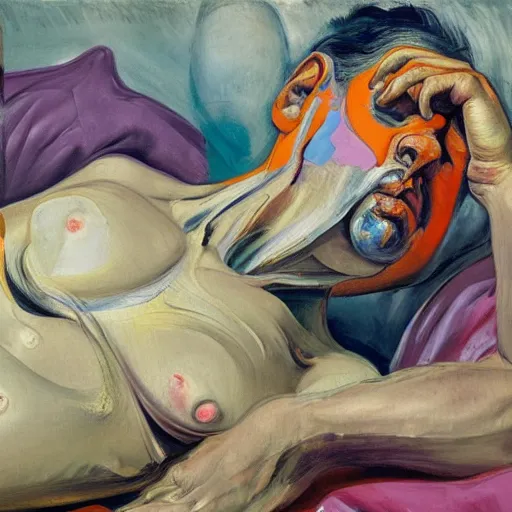 Image similar to high quality high detail expressionist painting of a man sick in bed by lucian freud and jenny saville and francis bacon and francisco goya and edvard munch, hd, anxiety, turquoise and purple and orange and pink