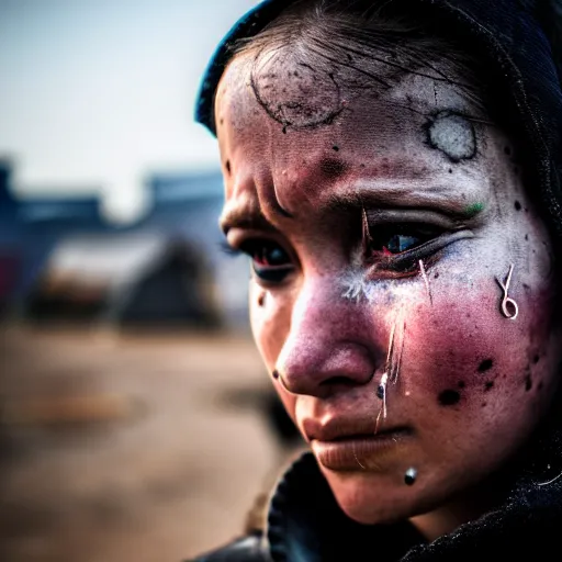 Image similar to photographic portrait of a poor techwear woman holding back tears, a futuristic shanty town burns in the background, closeup, sigma 85mm f/1.4, 4k, depth of field, high resolution, 4k, 8k, hd, full color