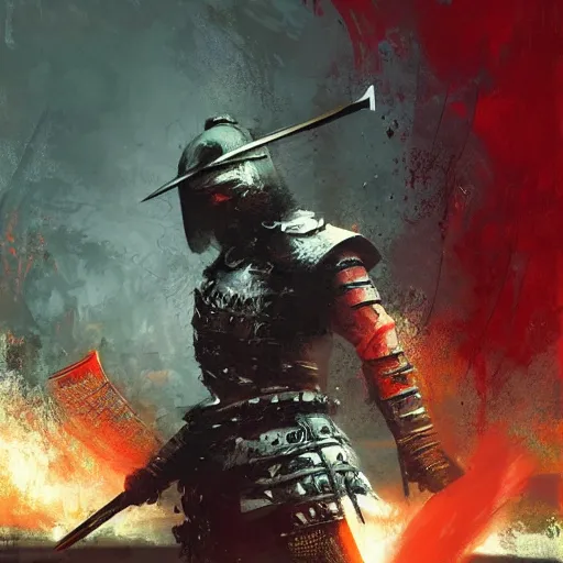 Prompt: artwork by Craig Mullins and Russ Mills and SPARTH showing a badass samurai in front of a red circle