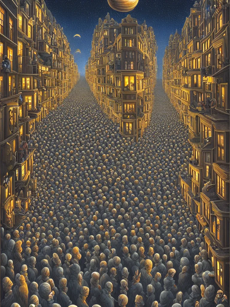 Image similar to A crowded street extending into the night sky, matte painting by Rob Gonsalves, in the style of Salvador Dalí, surrealism, magic realism, optical illusion art