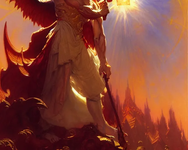 Image similar to attractive male deity, casting demonic magic, summoning handsome lucifer morning star. highly detailed painting by gaston bussiere, craig mullins, j. c. leyendecker 8 k