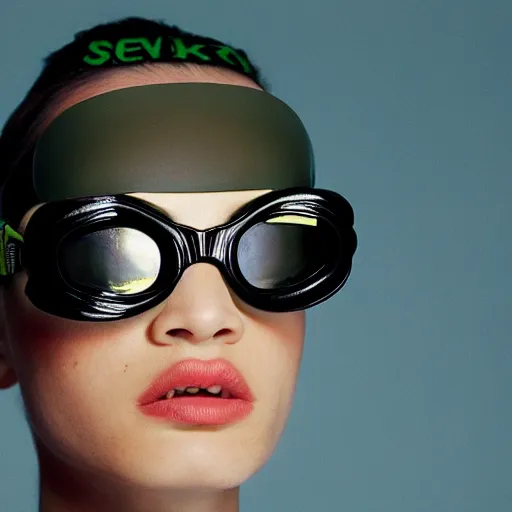 Image similar to realistic photoshooting for a new balenciaga lookbook, color film photography, portrait of a beautiful woman, model is wearing sski goggles in style of Tyler Mitchell, 35mm,