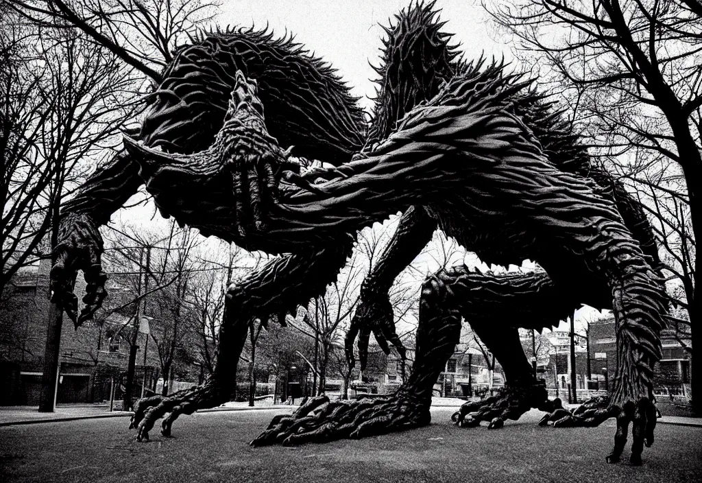 Prompt: 1 9 9 0's hyperrealistic cinestill of giant berserk monster entity creature designed by kentaro miura, junji ito, gantz, hideo kojima, wayne barlowe, creeping in ominous toronto playground,, historical record. deep aesthetics of weirdcore