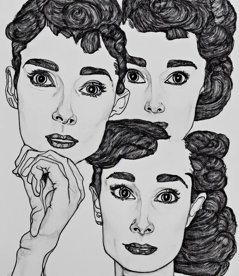 Prompt: detailed line art portrait of audrey hepburn, inspired by egon schiele. contour lines, twirls, curls, curves, strong confident personality