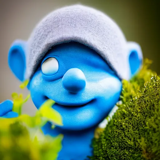 Image similar to close - up photo of a real life smurf, f 1. 4, garden, golden ratio, rim light, top light, overcast day