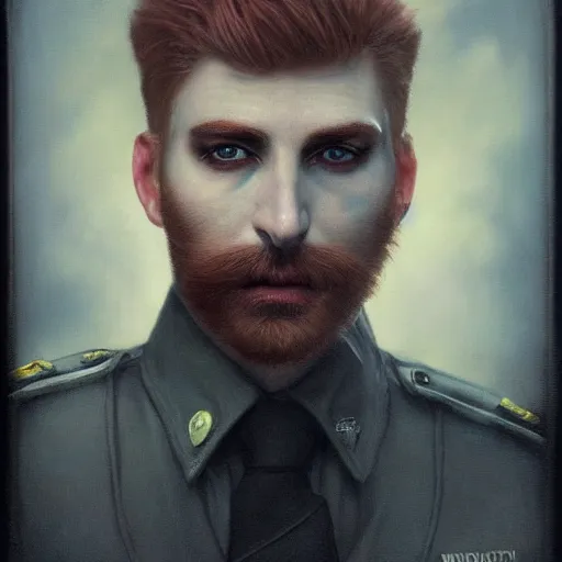 Prompt: fantastic close up portrait of a ginger pale vampire police officer with short hair and a patchy beard, highly detailed, face in focus, sharp focus, art by tom bagshaw and manuel sanjulian