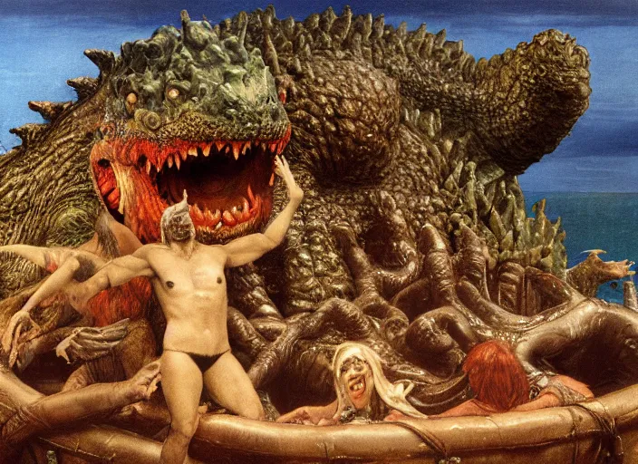 Prompt: photo of wet slimy godzilla attacking the raft of the medusa, by lawrance alma - tadema by roger corman by richard corben by rick baker, fujifilm velvia 5 0. masterpiece, intricate, hyper realism, high detail, octane render, unreal engine, 8 k