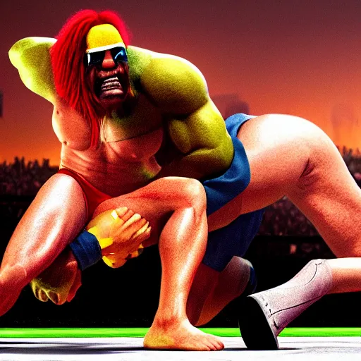 Image similar to Xavier Renegade Angel wrestling Hulk Hogan at Madison Square Garden, hyperrealistic, photorealistic, hdr, 4k, ultra hd, highly detailed, cinematic lighting