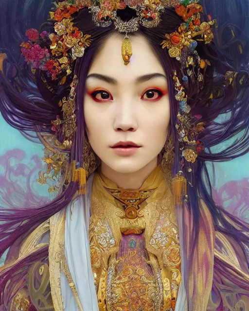 Image similar to a beautiful intricate exquisite imaginative exciting northern close up portrait of an asian sorceress sitting with elegant looks, flowing robe, ornate and flowing, intricate and soft by ruan jia, tom bagshaw, alphonse mucha, krenz cushart, beautiful chinese architectural ruins in the background, epic sky, vray render, artstation, deviantart, pinterest, 5 0 0 px models