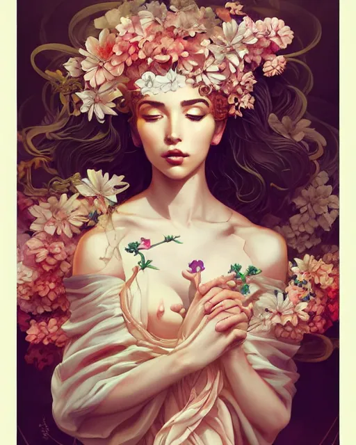 Image similar to Beautiful greek goddess covered in flowers wearing a silk kimono, artgerm, peter mohrbacher, artstation