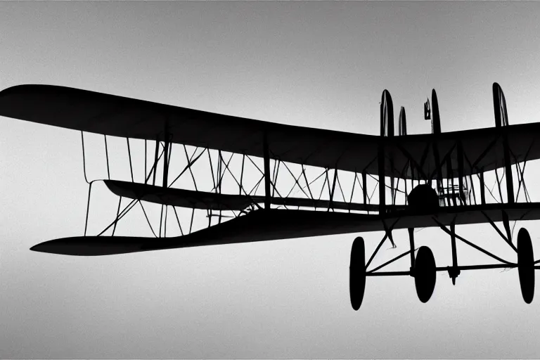 Prompt: still photo of the wright brothers flying airplane for the first time, black and white color photograph, highly detailed, photorealistic shot, bright studio setting, studio lighting, crisp quality and light reflections, unreal engine 5 quality render