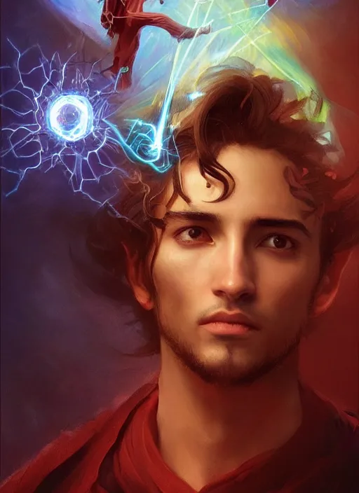 Image similar to character concept portrait of an attractive young Spanish wizard with red skin conjuring a laser spell, a floating iridescent spell book in the center, intricate, elegant, digital painting, concept art, smooth, sharp focus, illustration, from Metal Gear, by Ruan Jia and Mandy Jurgens and William-Adolphe Bouguereau, Artgerm