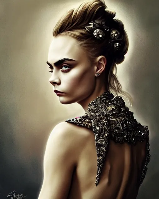 Image similar to cara delevingne wearing epic haute couture by Alexander McQueen, extremely beautiful face, masterpiece, intricate, elegant, highly detailed, digital painting, artstation, concept art, smooth, sharp focus, illustration, art by artgerm and james jean and greg rutkowski and alphonse mucha