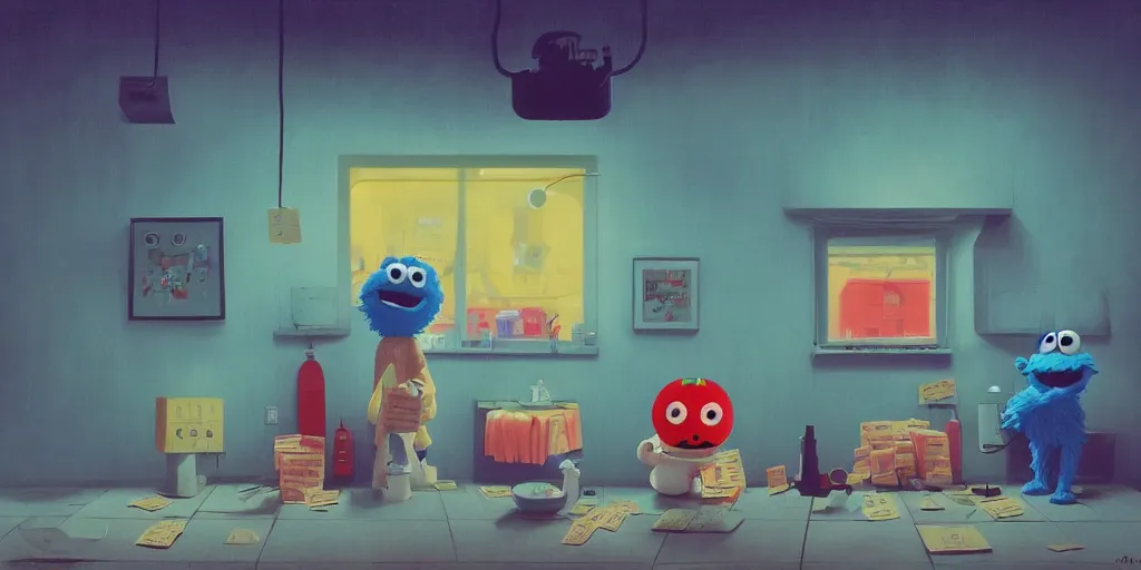 Prompt: cute cartoon cookie monster with dollar bills at night by goro fujita and simon stalenhag and wes anderson and alex andreev and chiho aoshima and beeple and banksy and kandinsky and magritte and basquiat and picasso, 8 k, trending on artstation, hyper detailed, cinematic