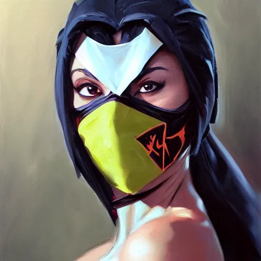 Image similar to greg manchess portrait painting of mileena from mortal kombat wearing a halfmask covering her mouth as overwatch character, medium shot, asymmetrical, profile picture, organic painting, sunny day, matte painting, bold shapes, hard edges, street art, trending on artstation, by huang guangjian and gil elvgren and sachin teng