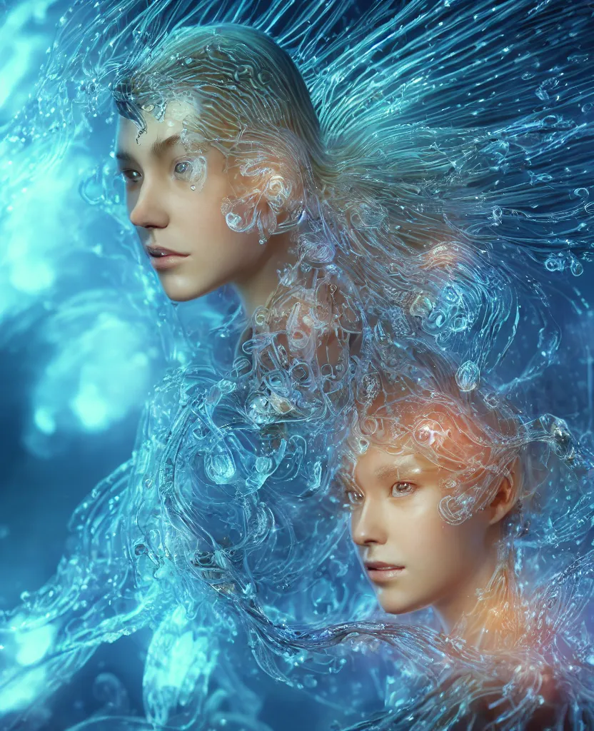 Image similar to close-up macro portrait of the face of a beautiful princess, epic angle and pose, symmetrical artwork, 3d with depth of field, blurred background, cybernetic jellyfish female face skull phoenix bird, translucent, nautilus, energy flows of water and fire. a highly detailed epic cinematic concept art CG render. made in Maya, Blender and Photoshop, octane render, excellent composition, cinematic dystopian brutalist atmosphere, dynamic dramatic cinematic lighting, aesthetic, very inspirational, arthouse. y Greg Rutkowski, Ilya Kuvshinov, WLOP, Stanley Artgerm Lau, Ruan Jia and Fenghua Zhong