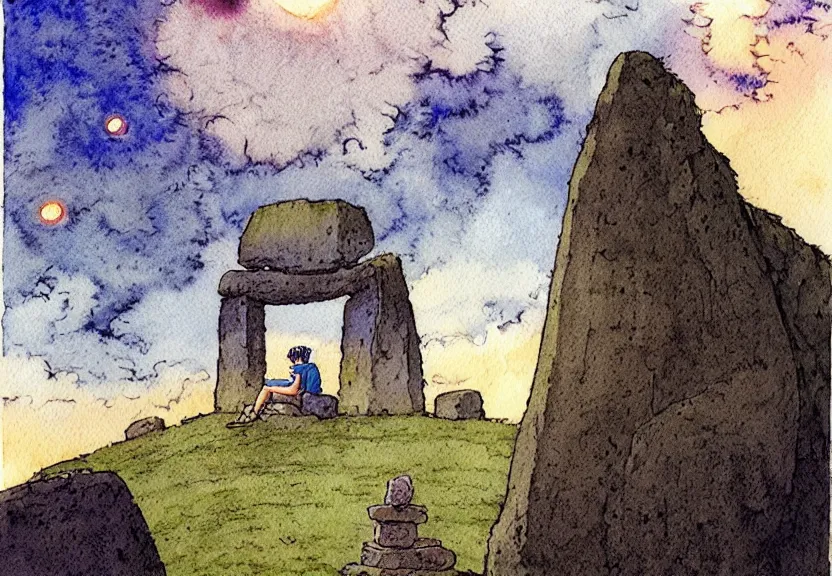 Image similar to a simple watercolor studio ghibli movie still fantasy concept art of a giant native man sitting on a tiny stonehenge in machu pichu. it is a misty starry night. by rebecca guay, michael kaluta, charles vess