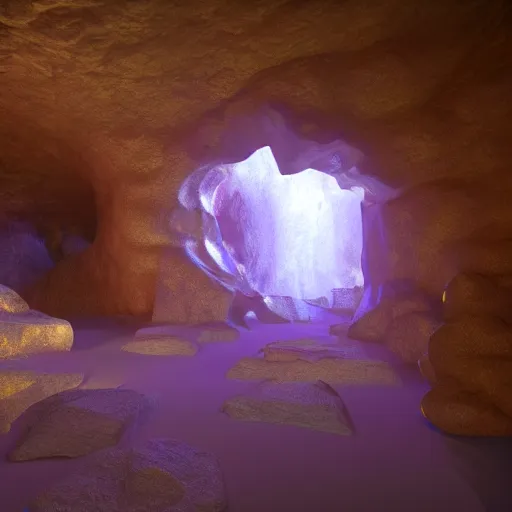 Image similar to cave with big crystals, 8k, colorful, super detailed, super realistic, sharp, volumetric light, ray traced