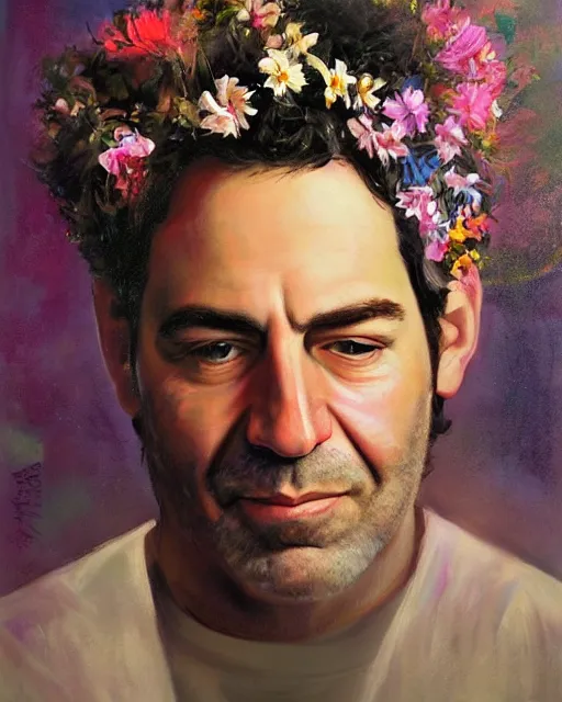 Image similar to a painting of jeffry epstein with flowers in his hair, a character portrait by drew struzan, behance contest winner, american scene painting, oil on canvas, matte drawing, studio portrait