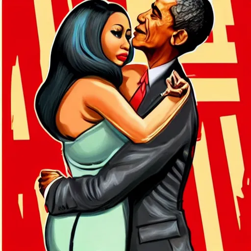 Image similar to nicki minaj hugged by barack obama, soviet colored propaganda poster, highly detailed illustration