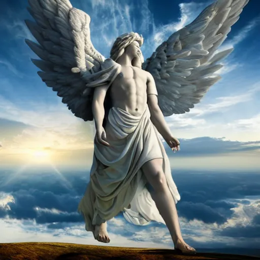 Prompt: gigantic biblical depiction of an angel towering over a vast landscape, cinematic, realistic, geometric body, photorealistic, detailed, white body, global illumination, volumetric lighting, 8 k, god rays, beautiful, majestic clouds, soft colors, heavenly lighting