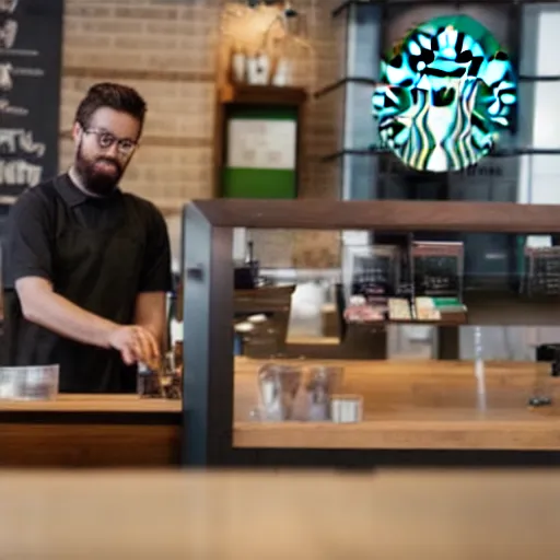 Image similar to jesus working at starbucks behind the counter