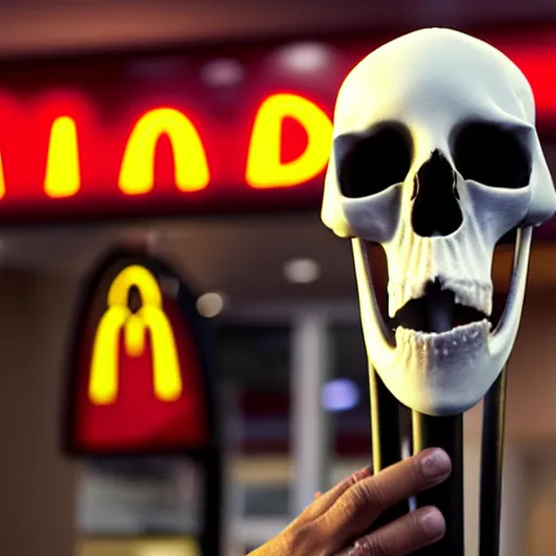 Image similar to photograph of a man with a skull reaper head begging for food at mc donalds, 8k resolution, high detail, ULTRA REALISTIC VFX, reflections