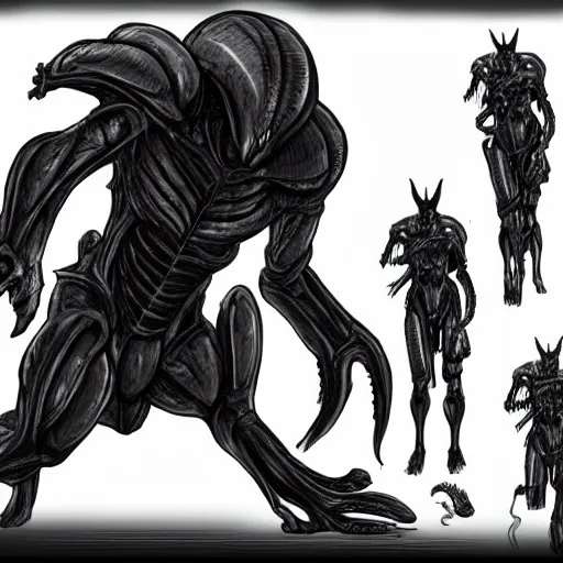 Image similar to xenomorph warrior standing in action pose, concept art