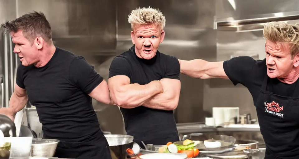 Image similar to photo of angry furious Gordon Ramsay punching Gordon Ramsay at the kitchen