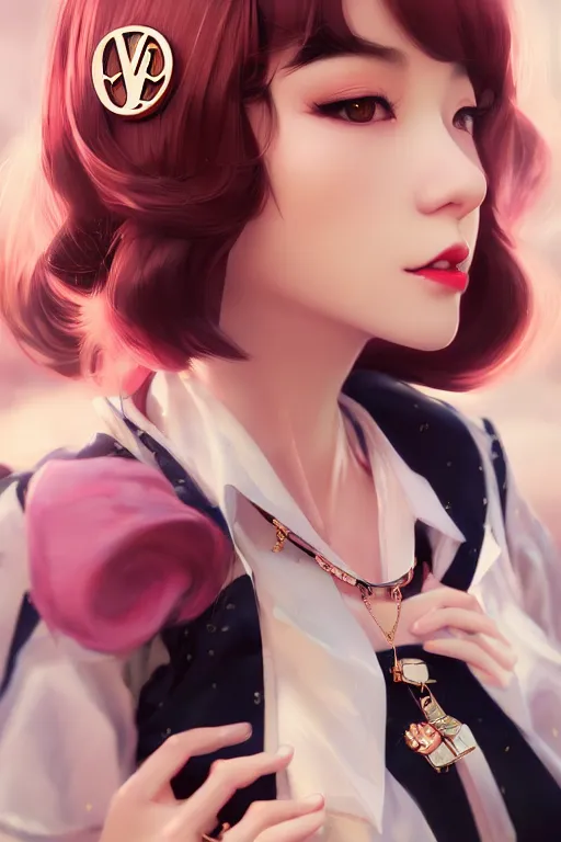 Image similar to a pin up and beautiful fashion charming dreamlke japan girl with lv jewelry, character art, art by artgerm lau and wlop and and ilya kuvshinov and john singer sargent, hyperdetailed, 8 k realistic, symmetrical, frostbite 3 engine, cryengine, dof, trending on artstation, digital art