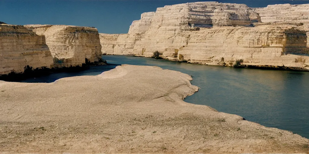 Prompt: photo of green river, wyoming cliffs. the silhouette of an old man in a trench coat and a cane stands still very far away in the distance, facing at the camera. midday sun. hot and dry conditions. kodak ektachrome.