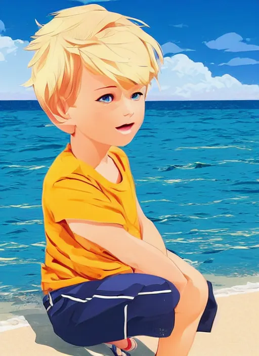 Image similar to a little boy with tousled blonde hair sitting on the beach. clean cel shaded vector art. shutterstock. behance hd by lois van baarle, artgerm, helen huang, by makoto shinkai and ilya kuvshinov, rossdraws, illustration, art by ilya kuvshinov