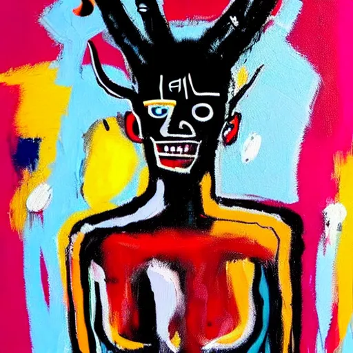 Image similar to A pretty woman with devil horns wearing a silver mini dress standing on the ocean, pitchfork, creative background, abstract jean-Michel Basquiat oil painting with thick paint strokes, oil on canvas, intricately!!! detailed!!!